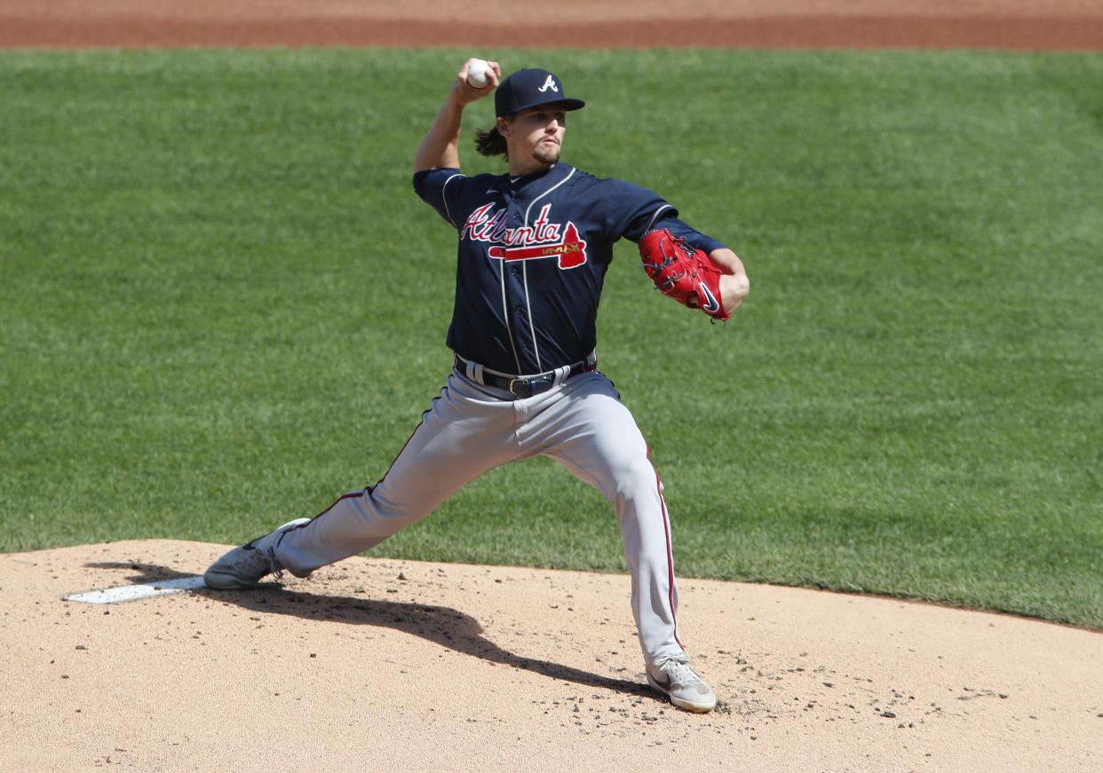 Atlanta Braves starting pitcher Kyle Wright throws against the New York Mets during the first inning of a baseball game, Sunday, Sept. 20, 2020, in New York. (AP Photo/Noah K. Murray)