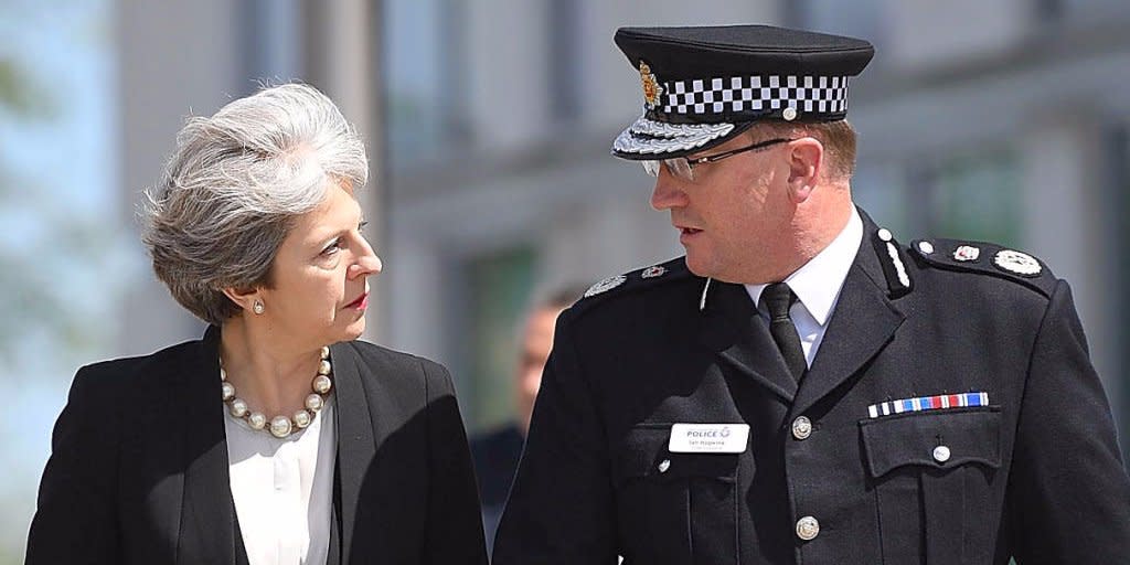 Theresa May with Greater Manchester Police Chief Constable Ian Hopkins