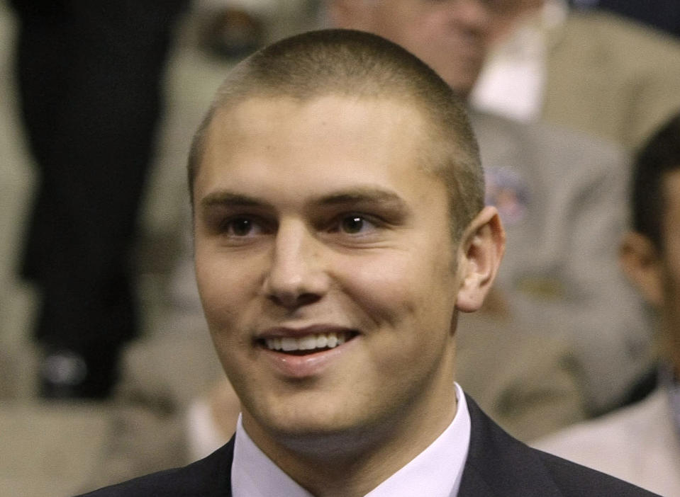 FILE - This Sept. 3, 2008, file photo shows Track Palin during the Republican National Convention in St. Paul, Minn. On Wednesday, Dec. 5, 2018, the oldest son of former Alaska Gov. Sarah Palin checked in to an Anchorage halfway house Wednesday to begin a year in custody following his conviction for assaulting his father. (AP Photo/Charles Rex Arbogast, File)