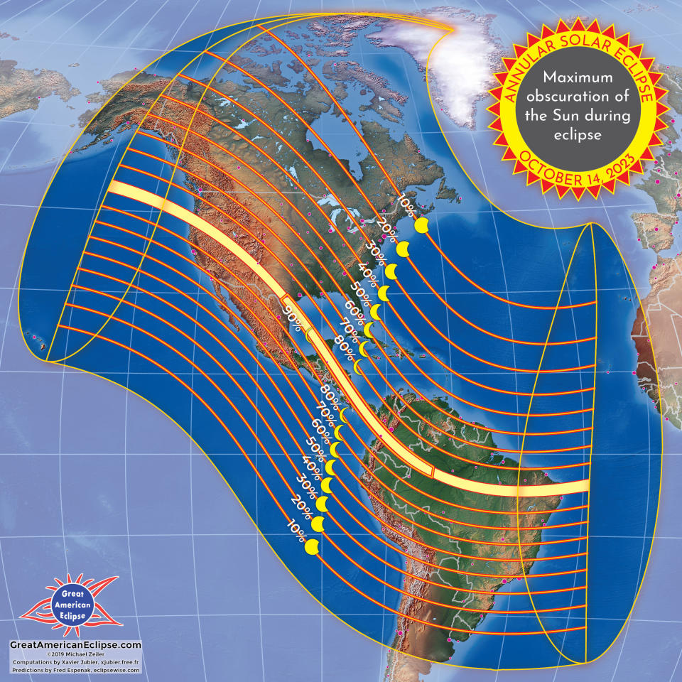 a map showing that only within the path of annularity, which is 118 to 137 miles (190 to 220 kilometers) wide, will the ring of fire be visible. That path will stretch from Oregon through northern California, northeast Nevada, central Utah, northeast Arizona, southwest Colorado, central New Mexico and southern Texas. It will then move across the Gulf of Mexico and over Mexico, Guatemala, Belize, Honduras, Nicaragua, Costa Rica, Panama, Colombia and Brazil.