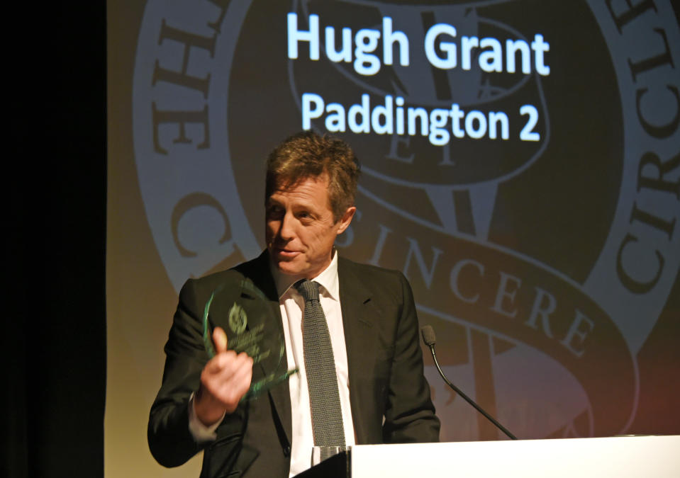 LONDON, ENGLAND - JANUARY 28:  Hugh Grant, winner of the Supporting Actor award for "Paddington 2" attends the London Film Critics' Circle Awards 2018 at The May Fair Hotel on January 28, 2018 in London, England.  (Photo by David M. Benett/Dave Benett/Getty Images)