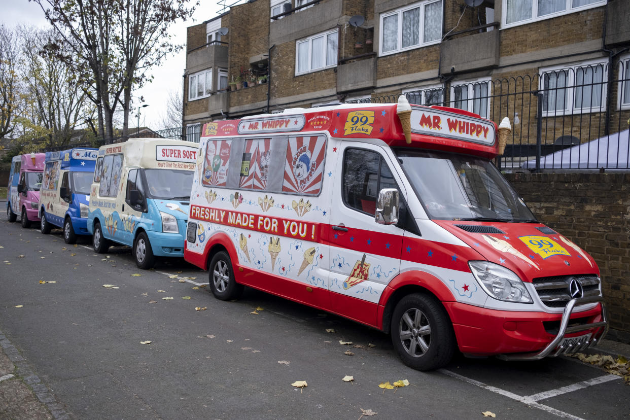 Ice cream vans parked up in a line outside flats in Peckham on 3rd December 2022 in London, United Kingdom. Peckham is a district in southeast London, within the London Borough of Southwark. (photo by Mike Kemp/In Pictures via Getty Images)