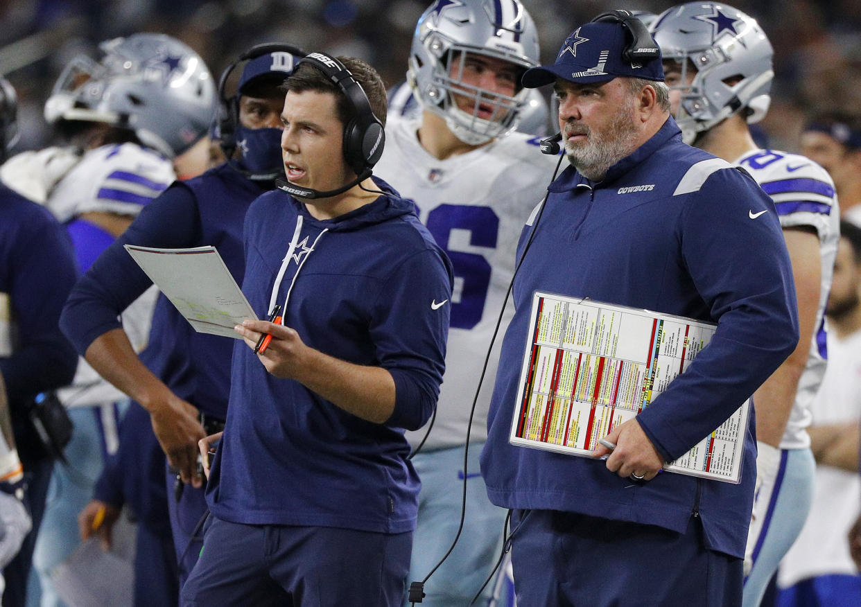 Dallas Cowboys head coach Mike McCarthy was non-committal when talking about the future role of offensive coordinator Kellen Moore. (Photo by Richard Rodriguez/Getty Images)