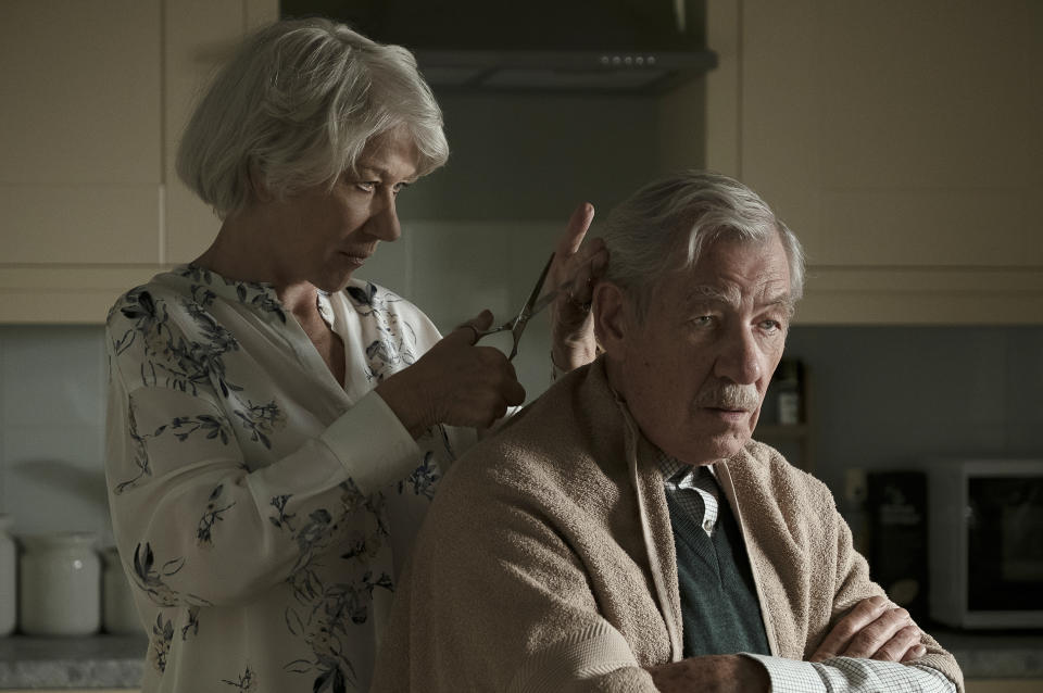 This image released by Warner Bros. Pictures shows Ian McKellen, right, and Helen Mirren in a scene from "The Good Liar." (Chia James/Warner Bros. Pictures via AP)