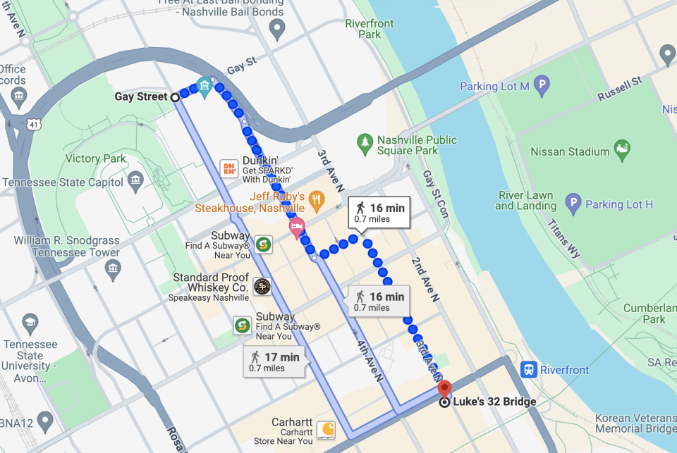 According to Google Maps, Nashville's Gay Street is about a 16-minute walk from Luke's 32 Bridge. / Credit: Google Maps