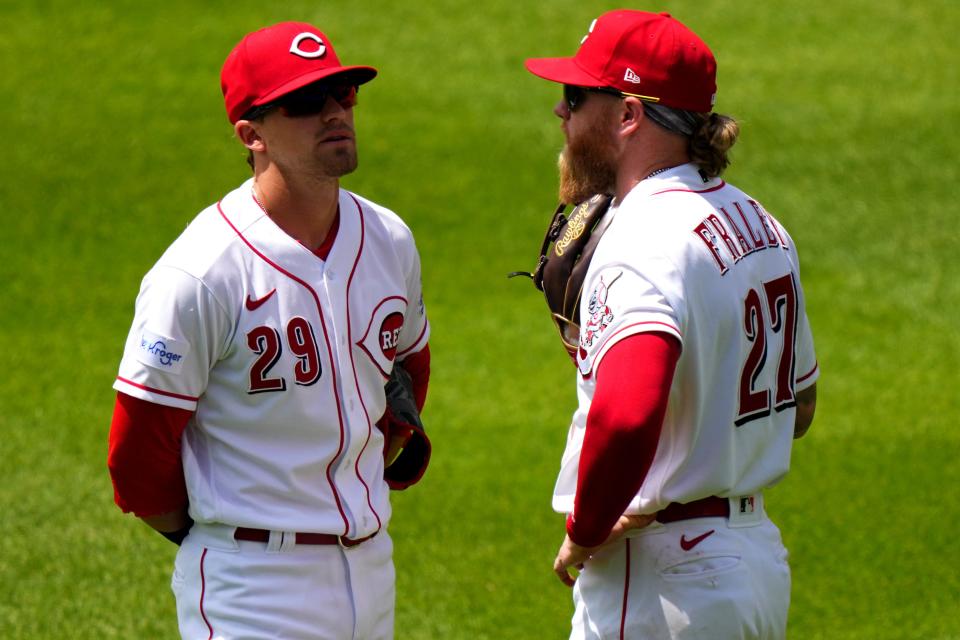 Friedl and Fraley during a game last month.
