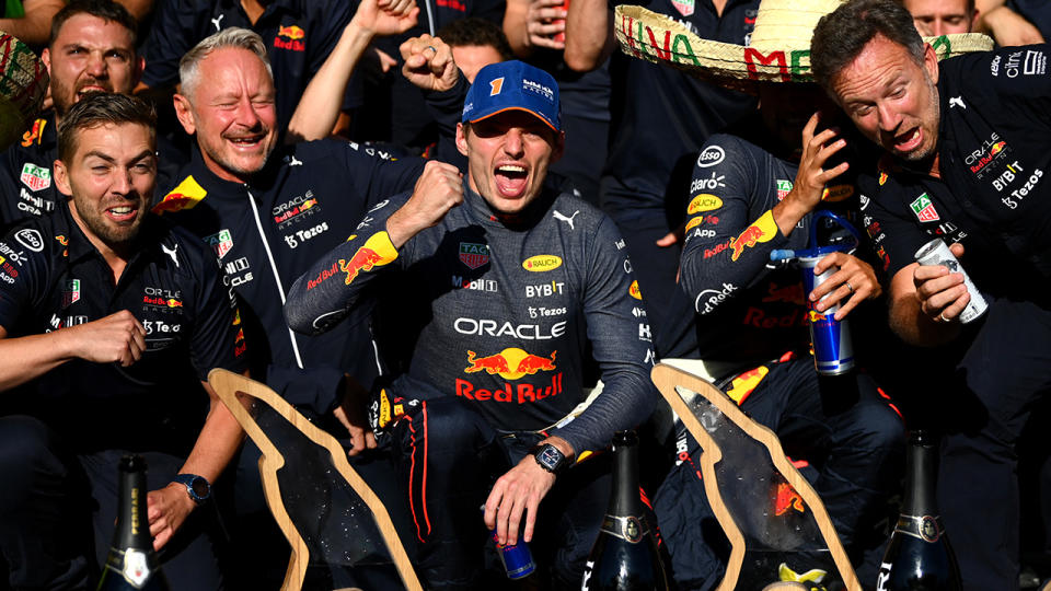 Max Verstappen and the Red Bull F1 team celebrate their victory at the Belgian Grand Prix.