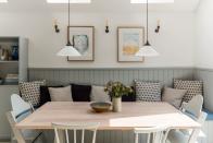 <p>'If you are building a banquette dining seat into your kitchen, try to tie in any joinery details such as tongue and groove or Shaker-style panelling,' says Beth Dadswell of Imperfect Interiors. 'Paint it in a complementary colour and then add a mix of patterned and plain cushions for a contrast in texture. And if you can, add wall lights and lots of art above it to create a cosy spot for dining.'</p><p>Pictured: Interior design by <a href="https://www.imperfectinteriors.co.uk/" rel="nofollow noopener" target="_blank" data-ylk="slk:Imperfect Interiors" class="link ">Imperfect Interiors</a><br></p><p>• <strong>Read more: <a href="https://www.housebeautiful.com/uk/renovate/diy/a35288060/how-to-panel-wall/" rel="nofollow noopener" target="_blank" data-ylk="slk:A guide to wall panelling" class="link ">A guide to wall panelling</a></strong></p>