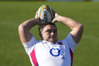 England's Jamie George throws the ball to a colleague as he practices his lineout throwing during a team training session at Coogee Oval in Sydney, Australia, Friday, July 15, 2022. England will play Australia in the third and final rugby test at the Sydney Cricket Ground on Saturday. (AP Photo/Mark Baker)