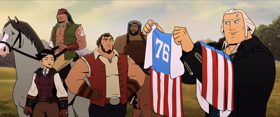 George Washington (voiced by Channing Tatum, left) hands out patriotic uniforms to his superteam - Thomas Edison (Olivia Munn), Geronimo (Raoul Max Trujillo), Samuel Adams (Jason Mantzoukas) and John Henry (Killer Mike) - in "America: The Motion Picture."