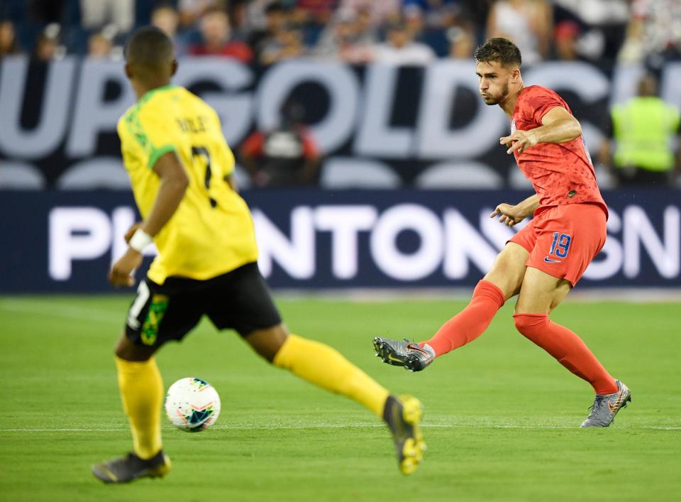 United States defender Matt Miazga (19) passes defended by Jamaica forward Leon Bailey (7) during the first half of a Concacaf Gold Cup Semifinal game at Nissan Stadium in Nashville, Tenn., Wednesday, July 3, 2019.