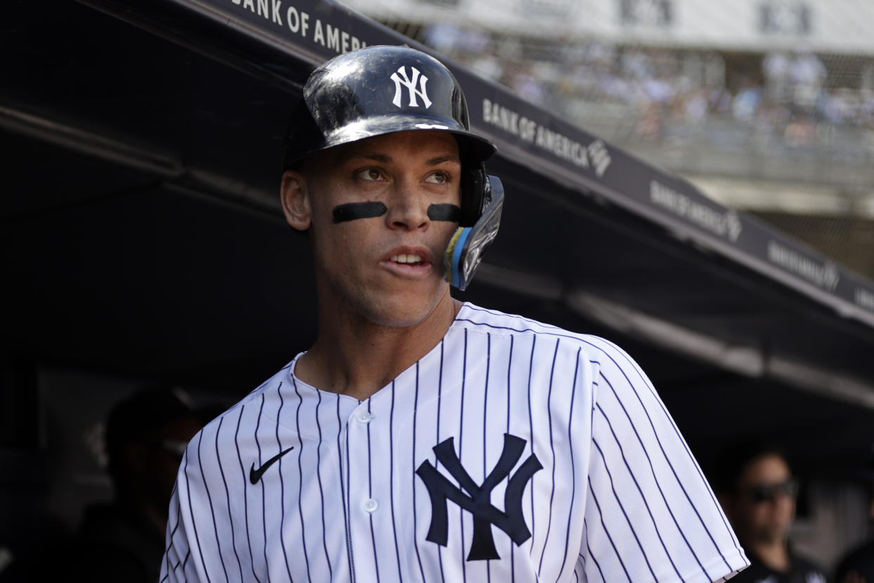 Aaron Judge is slugging at a pace unseen since baseball's frenzied steroid era, threatening to eclipse Roger Maris' hallowed Yankees and AL record of 61 home runs in a season. (AP Photo/Adam Hunger)