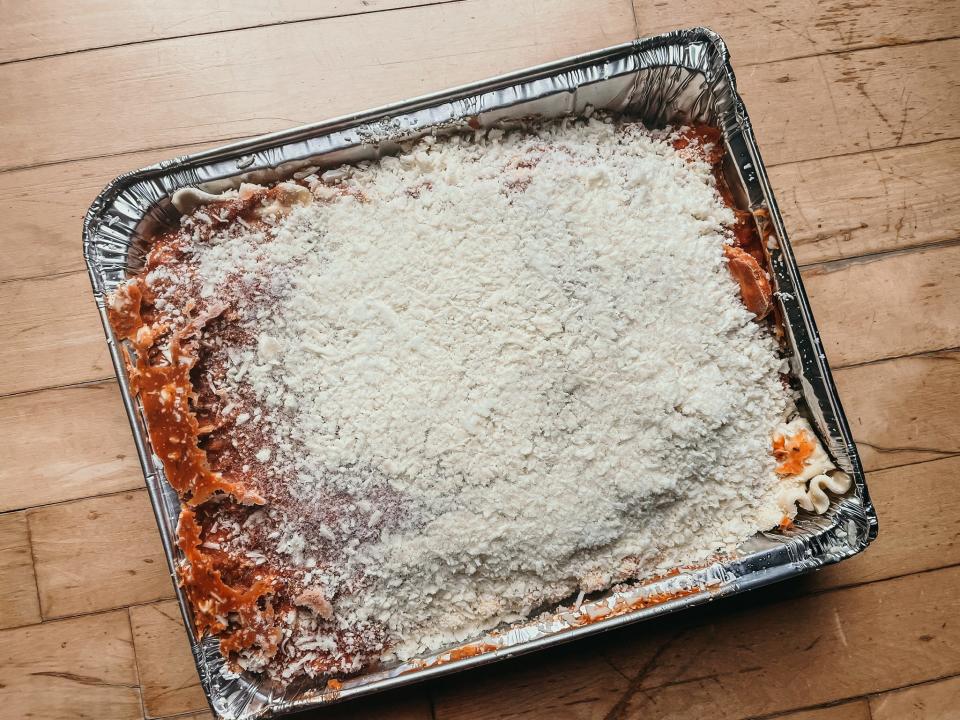 frozen lasagna in a metal container
