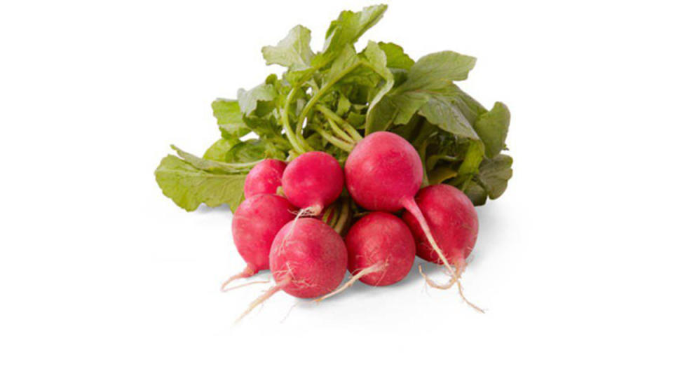 bundle of raw radishes shown