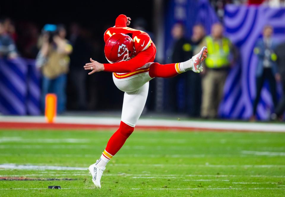 Chiefs kicker Harrison Butker (7) kicks off against the 49ers during Super Bowl 58 at Allegiant Stadium in Las Vegas on Feb 11, 2024.