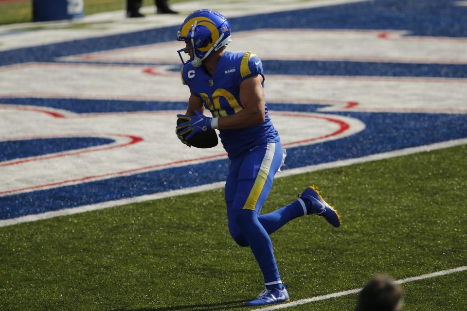 Los Angeles Rams wide receiver Cooper Kupp runs for a touchdown during the second half of an NFL football game against the Buffalo Bills Sunday, Sept. 27, 2020, in Orchard Park, N.Y. (AP Photo/John Munson)