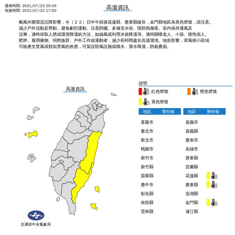 氣象局今日5時59分發佈高溫特報。（圖／翻攝自中央氣象局）