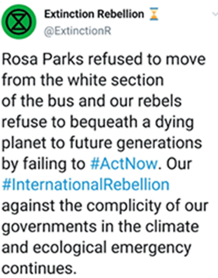 In the tweet, the official Extinction Rebellion Twitter account wrote: “Rosa Parks refused to move from the white section of the bus and our rebels refused to bequeath a dying planet to future generations by failing to #ActNow. (Twitter) 