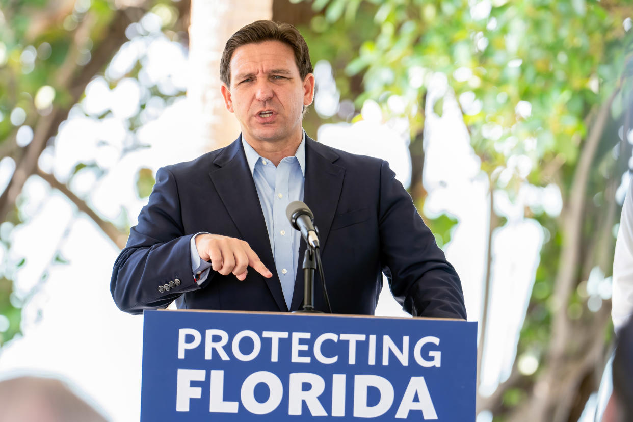 Florida Gov. Ron DeSantis speaking at a news conference in Miami.