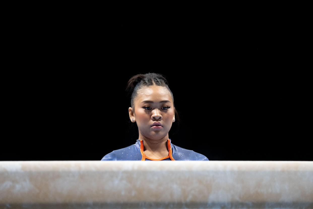 August 25, 2023; San Jose, California, USA; Sunisa Lee performs on the balance beam during the 2023 U.S. Gymnastics Championships at SAP Center. Mandatory Credit: Kyle Terada-USA TODAY Sports