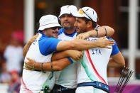 (L-R) Marco Galiazzo, Michele Frangilli and Mauro Nespoli of Italy celebrate after victory in the Men's Team Archery semi final on Day 1 of the London 2012 Olympic Games at Lord's Cricket Ground on July 28, 2012 in London, England. (Photo by Paul Gilham/Getty Images)