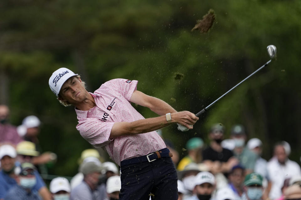 Will Zalatoris tees off on the 12th hole during the final round of the Masters golf tournament on Sunday, April 11, 2021, in Augusta, Ga. (AP Photo/David J. Phillip)
