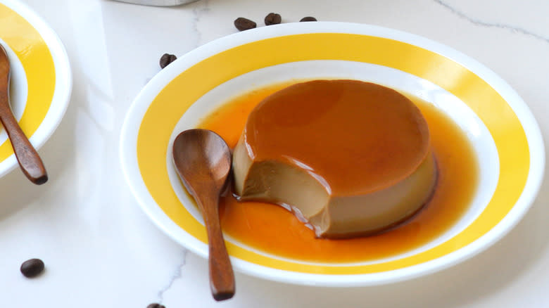 Close-up of Japanese custard purin on a plate