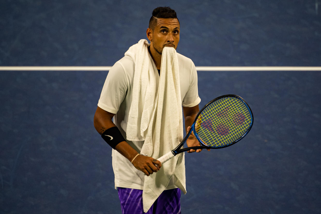 NEW YORK, NEW YORK - AUGUST 27: Nick Kyrgios of Australia walks on court after a change of ends during his match against Steve Johnson of the United States in the first round of the US Open at the USTA Billie Jean King National Tennis Center on August 27, 2019 in New York City. (Photo by TPN/Getty Images)