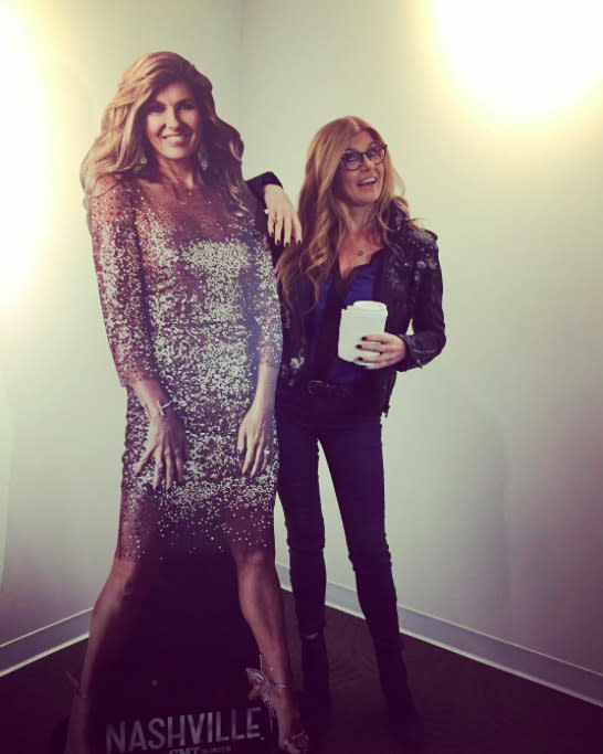 <p>Larger than life! <i>Nashville</i> star Connie Britton happened upon one of the promo posters for her show and couldn’t help but notice, as she put it, “This lady is a lot taller than I am.” Perhaps, but not nearly as charming as the real deal. (Photo: <a rel="nofollow noopener" href="https://www.instagram.com/p/BPv5PEbj0j6/?hl=en" target="_blank" data-ylk="slk:Instagram" class="link ">Instagram</a>) </p>