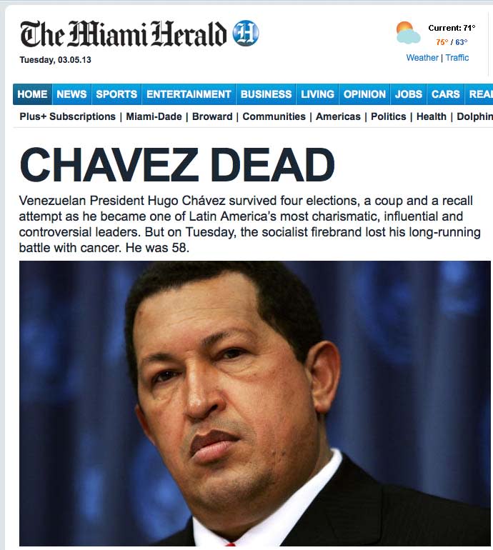 Medios del mundo anuncian muerte de Chávez