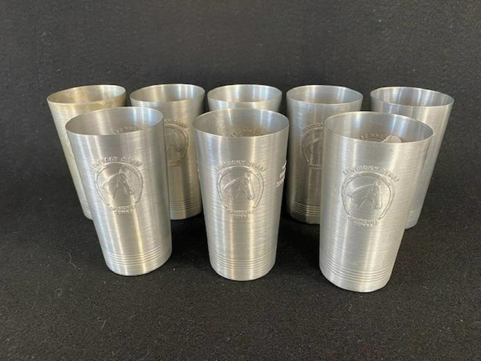 Caswell Prewitt will auction off several rare Kentucky Derby mint julep cups include these aluminum versions.