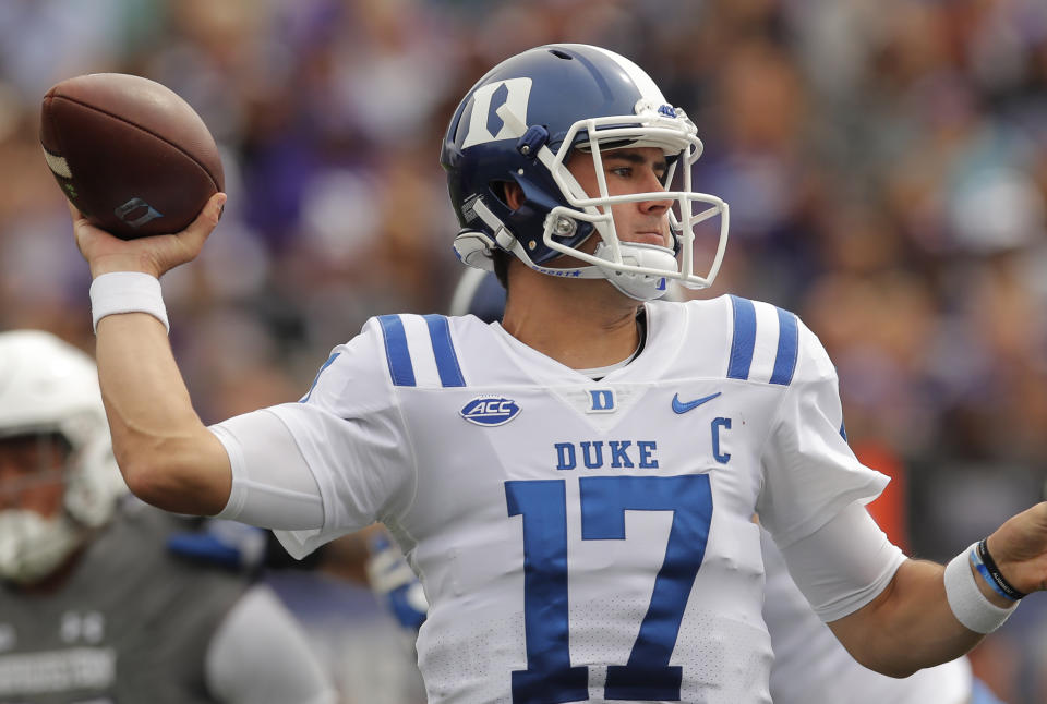 Duke’s Daniel Jones missed just two games after fracturing his collarbone against Northwestern. (AP Photo/Jim Young)