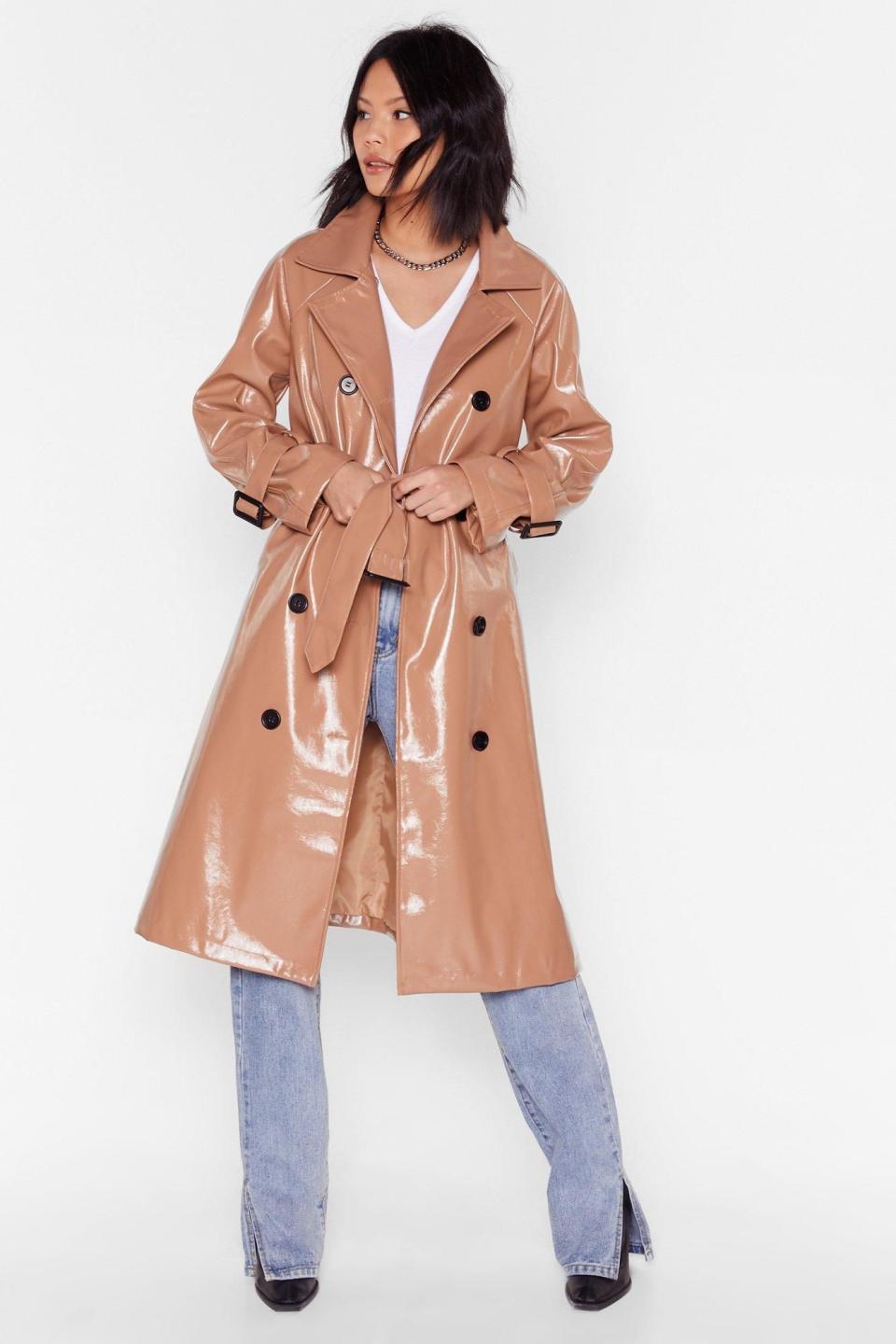 32) Vinyl Countdown Belted Trench Coat