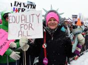 <p>A participant attends Respect Rally Park City to celebrate community victories, honoring the one-year anniversary of the Women’s March and Park City’s March on Main on Jan. 20, 2018 in Park City, Utah. (Photo: Angela Weiss /AFP/Getty Images) </p>