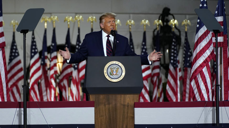 President Donald Trump speaks from the South Lawn of the White House on the fourth day of the Republican National Convention, Thursday, Aug. 27, 2020, in Washington. (AP Photo/Evan Vucci)