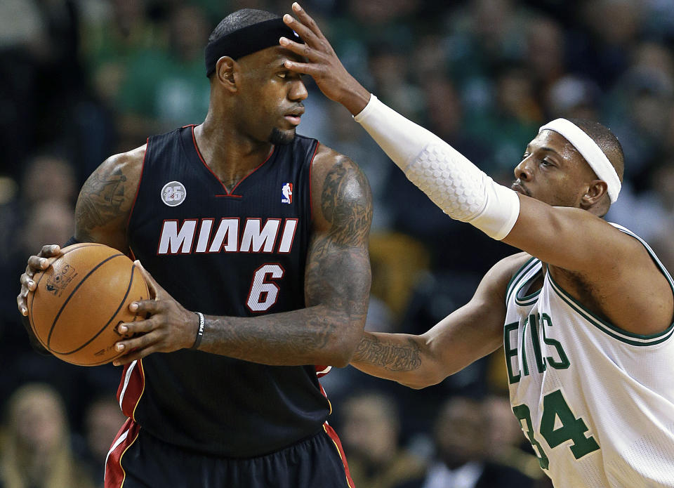 Paul Pierce and LeBron James face off. 