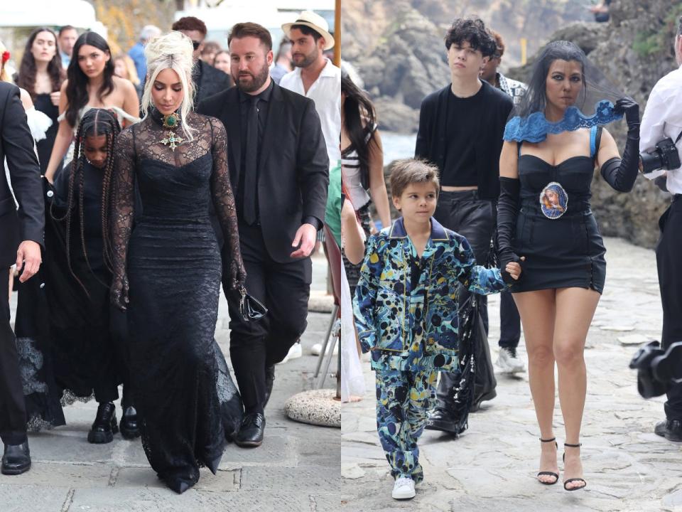 Kim Kardashian and Kourtney Kardashian with their children in May 2022 in Portofino, Italy.