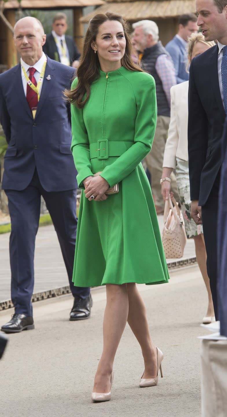 <p>The Duchess of Cambridge was seeing green at the Royal Chelsea Flower Show, where she wore a chic belted coat dress by Catherine Walker.</p>