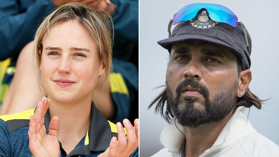 Indian cricketer Murali Vijay (pictured right) fielding and Aussie star Ellyse Perry (pictured left) clapping and smiling.