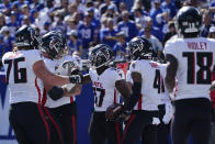 Atlanta Falcons wide receiver Olamide Zaccheaus (17) celebrates after scoring a touchdown during the first half of an NFL football game against the New York Giants, Sunday, Sept. 26, 2021, in East Rutherford, N.J. (AP Photo/Seth Wenig)