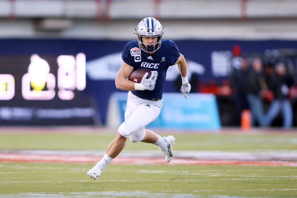 Dec 26, 2023; Dallas, TX, USA; Rice Owls wide receiver Luke McCaffrey (10) runs with the ball against the Texas State Bobcats in the first quarter at Gerald J Ford Stadium. Mandatory Credit: Tim Heitman-USA TODAY Sports