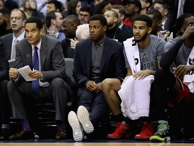 Kyle Lowry on the pine. (Getty Images)