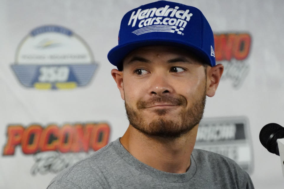 Kyle Larson driver of car 5 in the NASCAR Cup Series, speaks at a news conference before the scheduled races at Pocono Raceway, Sunday, June 27, 2021, in Long Pond, Pa. (AP Photo/Matt Slocum)