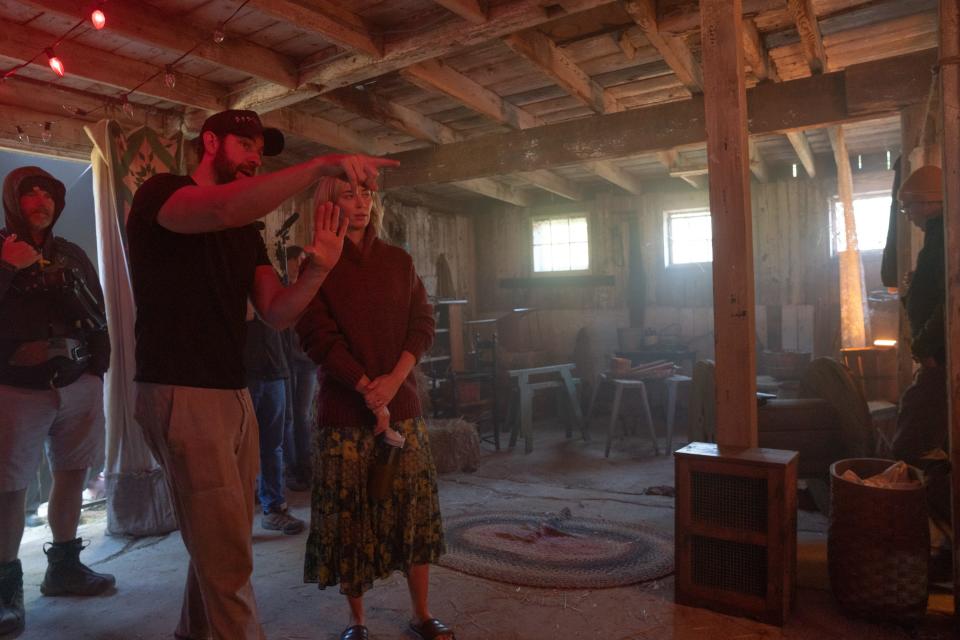 Director/writer John Krasinski, left, and star Emily Blunt on the set of "A Quiet Place Part II."