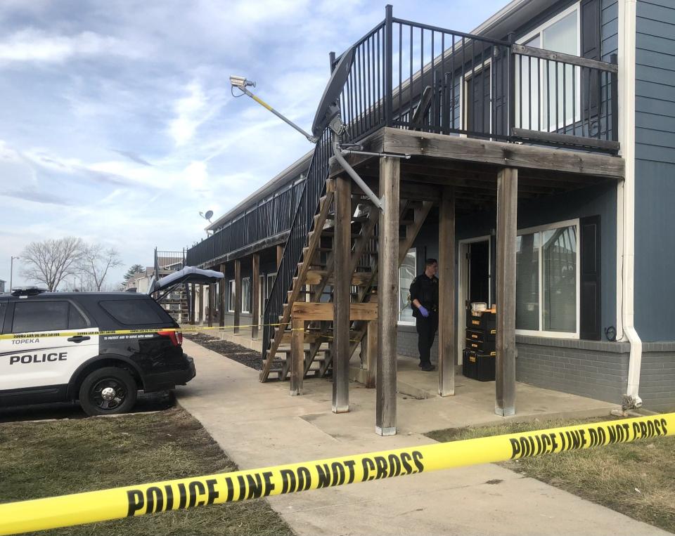 Topeka police used yellow crime scene tape last week to cordon off a homicide scene in the 2100 block of S.E. 12th at Paradise Plaza Apartments. Two men have been arrested in connection with aggravated robbery and first-degree murder in the case involved.