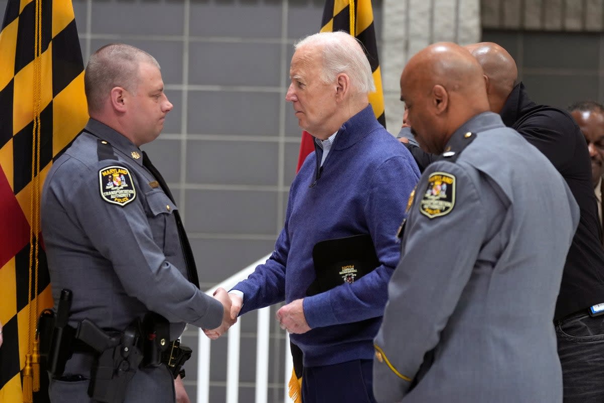 President Joe Biden thanks first responders for their efforts during the collapse of the Francis Scott Key Bridge, Friday, April 5, 2024 in Dundalk, Md. (AP)