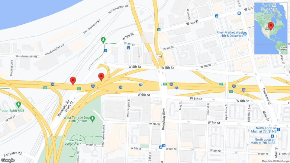 A detailed map that shows the affected road due to 'US-169 South: bridge closed between West Fifth Street and I-70 West' on May 7th at 1:29 p.m.