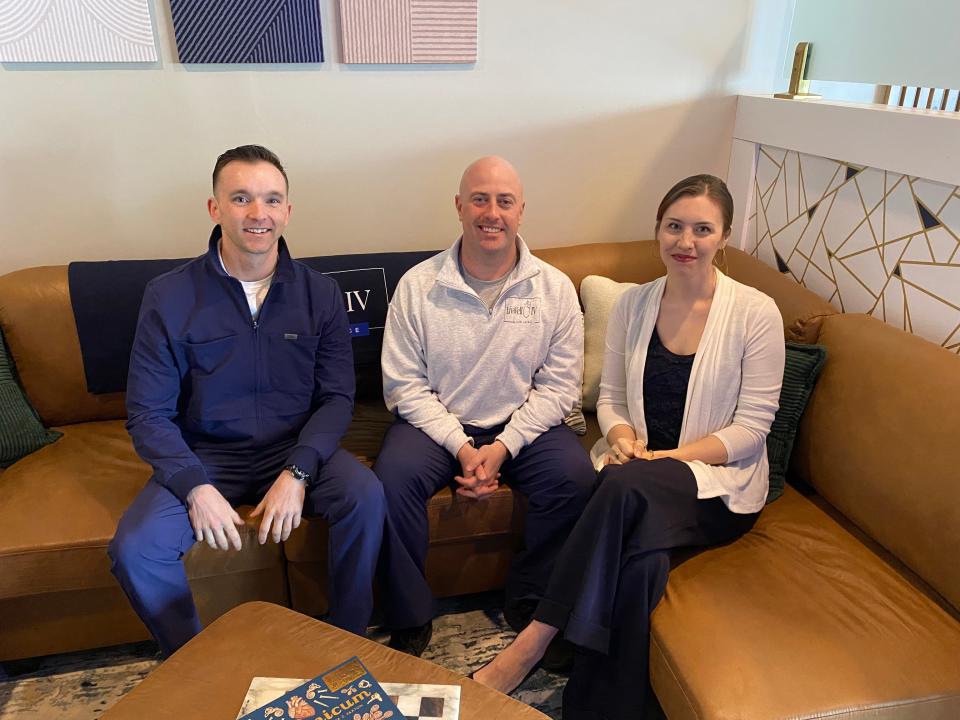 The owners of Live Well IV Hydration Lounge on Route 44 in Raynham are, from left, Joseph Matrisciano, Christopher Hamilton and Eryn Iafrate, seen here on March 21, 2024.