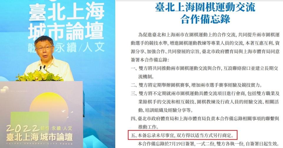 台北市長柯文哲堅持舉辦「台北上海城市論壇」（左圖，翻攝自柯文哲臉書），結果被發現，台北市政府上網公告雙方簽署的雙城論壇備忘錄裡，竟然出現一句簡體字（右圖）。   圖：翻攝自台北市政府/新頭殼合成