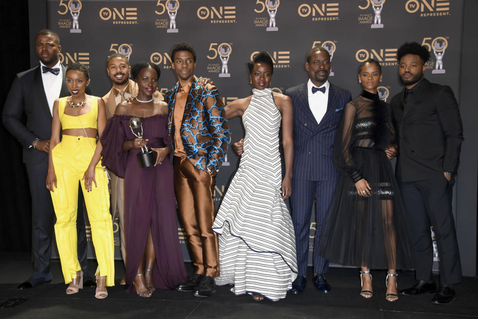 (L-R) Winston Duke, Carrie Bernans, Michael B. Jordan, Lupita Nyong’o, Chadwick Boseman, Danai Gurira, Sterling K. Brown, Letitia Wright, and Ryan Coogler — winner of Outstanding Directing in a Motion Picture (Film) — winners of Outstanding Motion Picture and Outstanding Ensemble Cast in a Motion Picture for ‘Black Panther’, at the 50th NAACP Image Awards at Dolby Theatre on March 30, 2019 in Hollywood, California. - Credit: Frazer Harrison/Getty Images